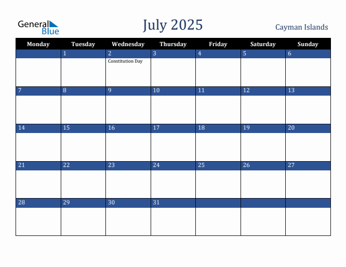 July 2025 Cayman Islands Calendar (Monday Start)