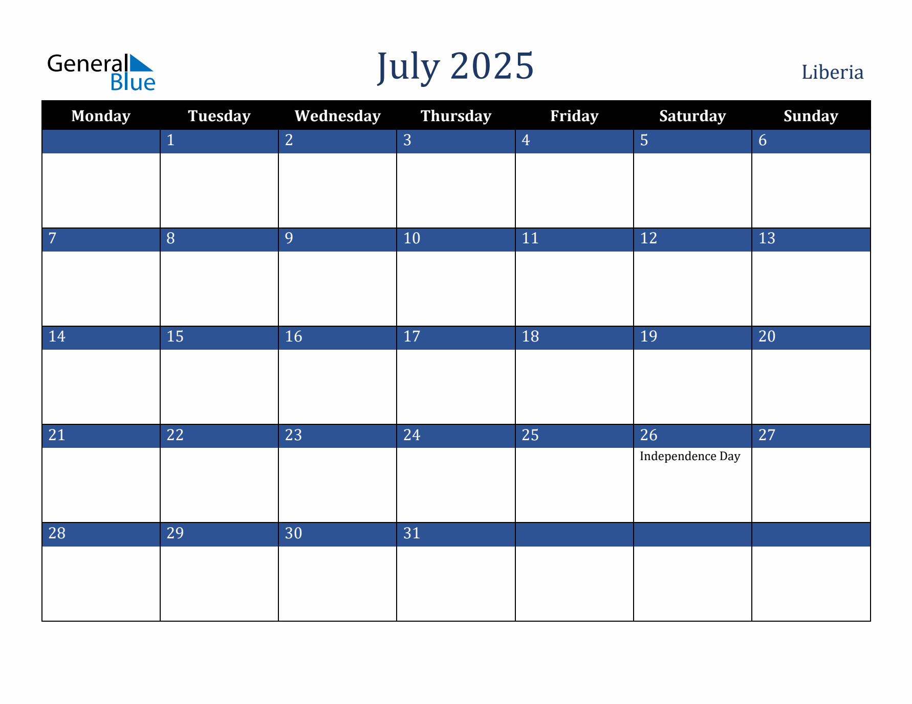 July 2025 Liberia Calendar (Monday Start)