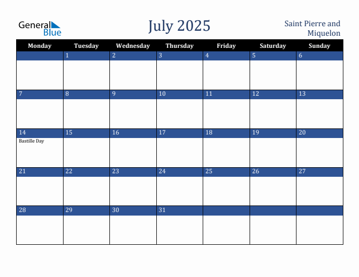 July 2025 Saint Pierre and Miquelon Calendar (Monday Start)