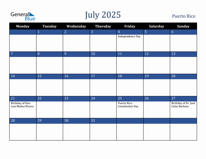 July 2025 Puerto Rico Calendar (Monday Start)
