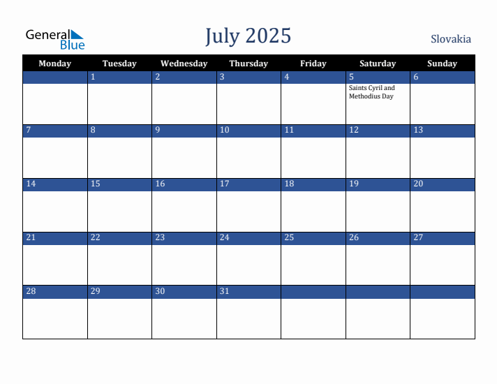 July 2025 Slovakia Calendar (Monday Start)