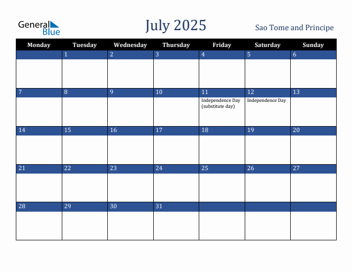 July 2025 Sao Tome and Principe Calendar (Monday Start)