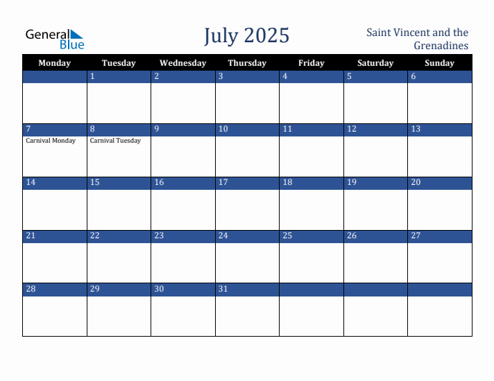July 2025 Saint Vincent and the Grenadines Calendar (Monday Start)