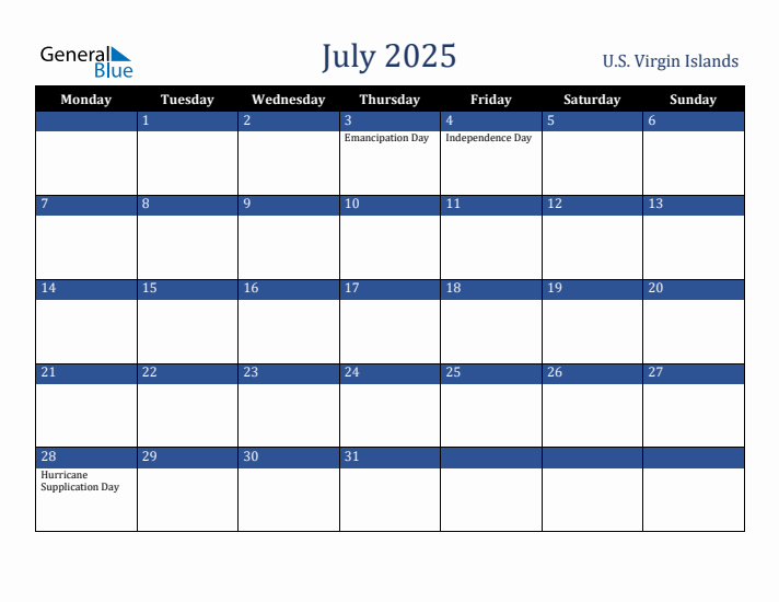 July 2025 U.S. Virgin Islands Calendar (Monday Start)