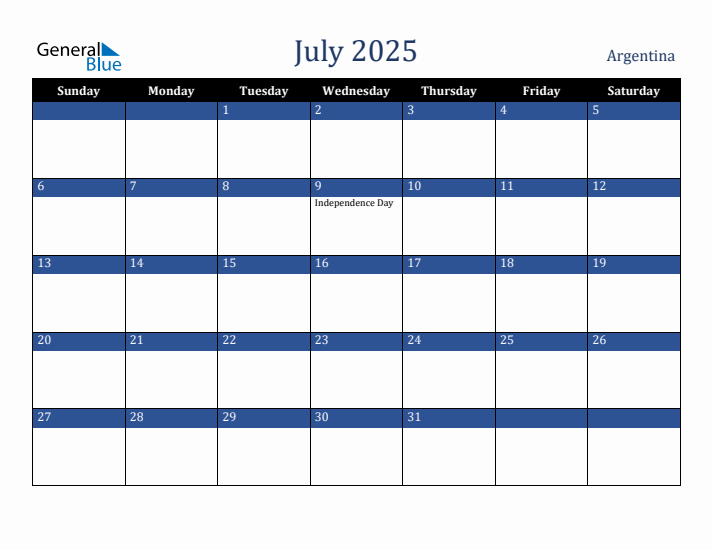 July 2025 Argentina Calendar (Sunday Start)