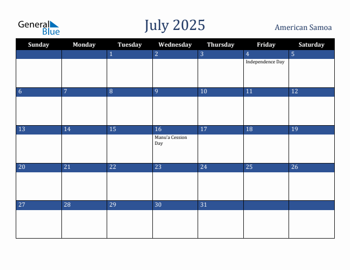 July 2025 American Samoa Calendar (Sunday Start)