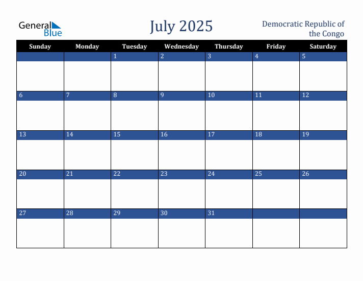 July 2025 Democratic Republic of the Congo Calendar (Sunday Start)