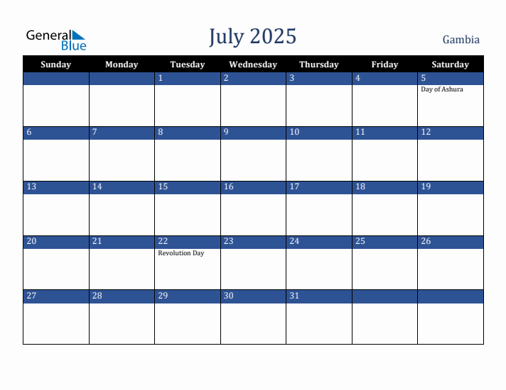 July 2025 Gambia Calendar (Sunday Start)