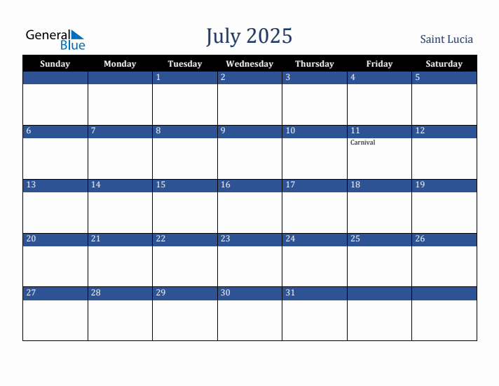 July 2025 Saint Lucia Calendar (Sunday Start)