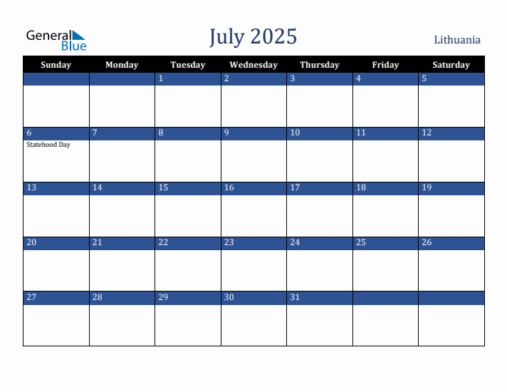 July 2025 Lithuania Calendar (Sunday Start)