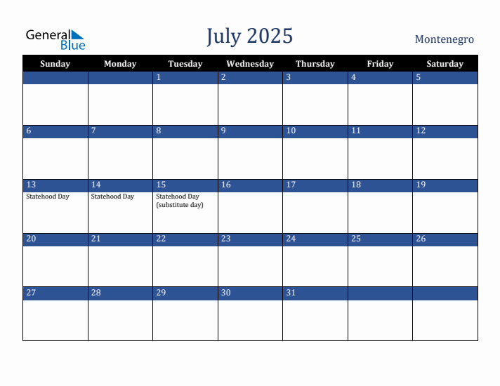 July 2025 Montenegro Calendar (Sunday Start)
