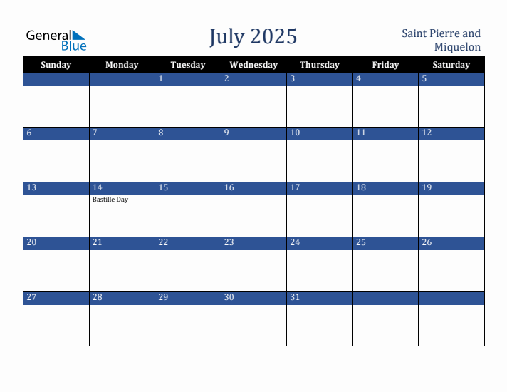 July 2025 Saint Pierre and Miquelon Calendar (Sunday Start)