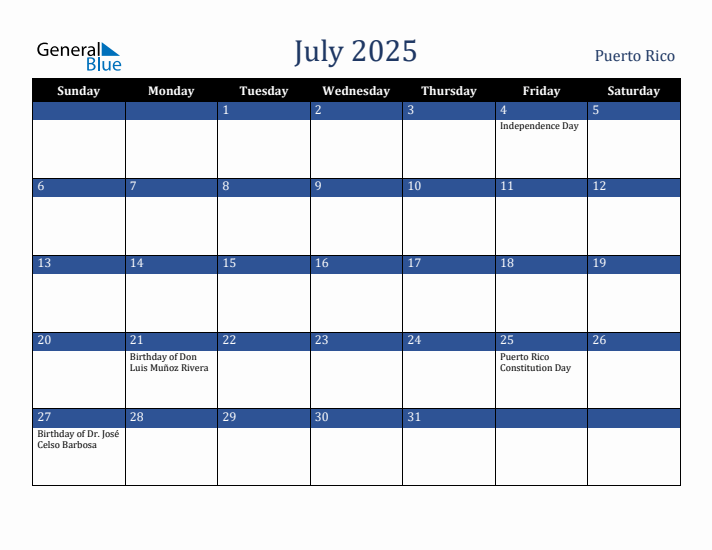 July 2025 Puerto Rico Calendar (Sunday Start)