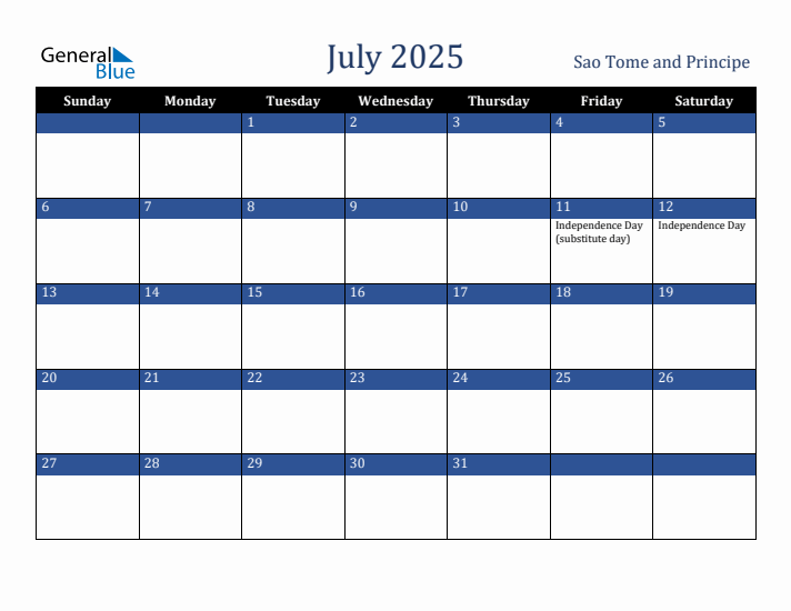 July 2025 Sao Tome and Principe Calendar (Sunday Start)