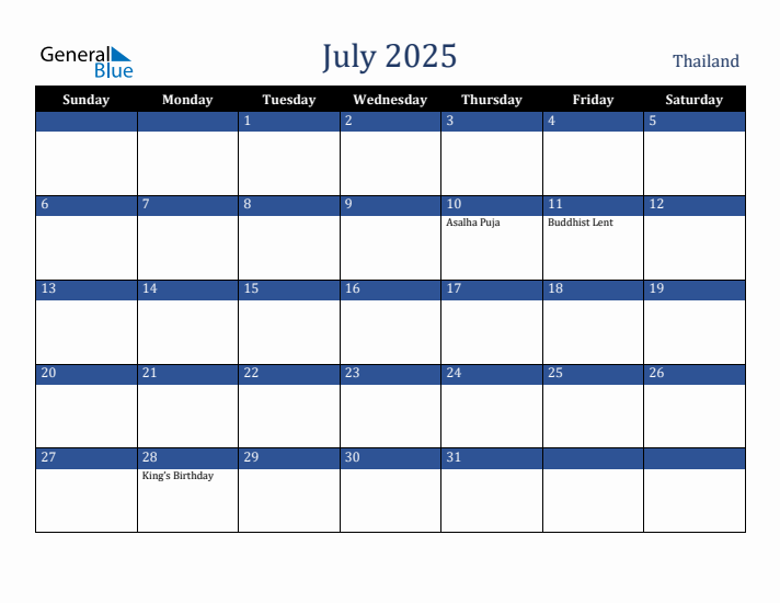 July 2025 Thailand Calendar (Sunday Start)
