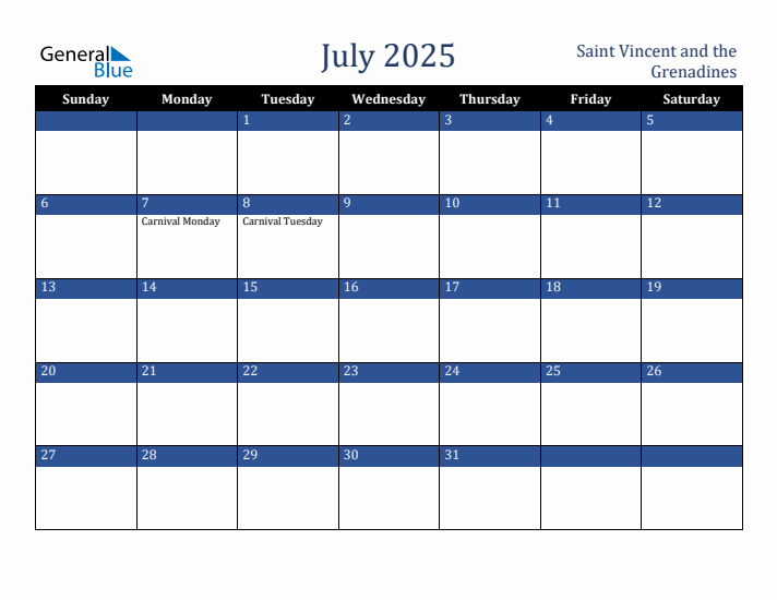 July 2025 Saint Vincent and the Grenadines Calendar (Sunday Start)