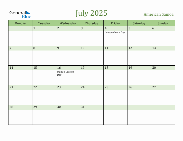 July 2025 Calendar with American Samoa Holidays