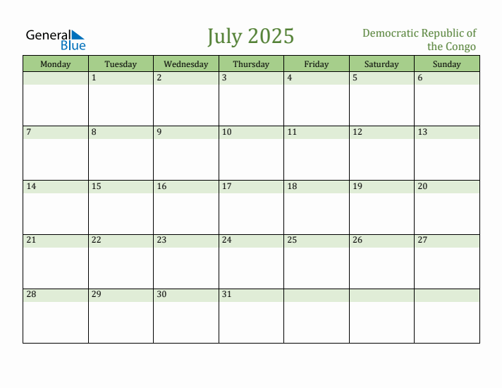July 2025 Calendar with Democratic Republic of the Congo Holidays