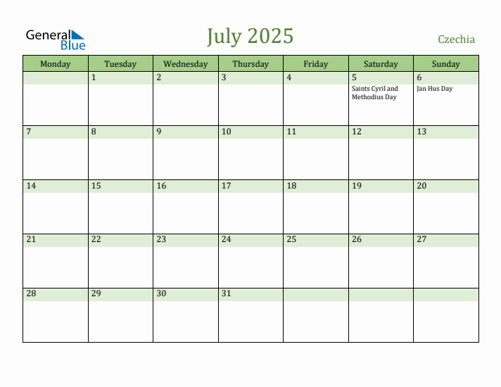 July 2025 Calendar with Czechia Holidays