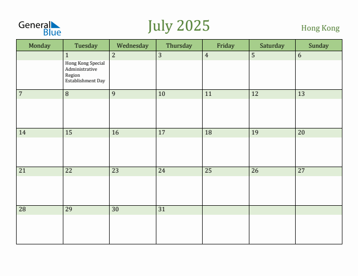July 2025 Calendar with Hong Kong Holidays