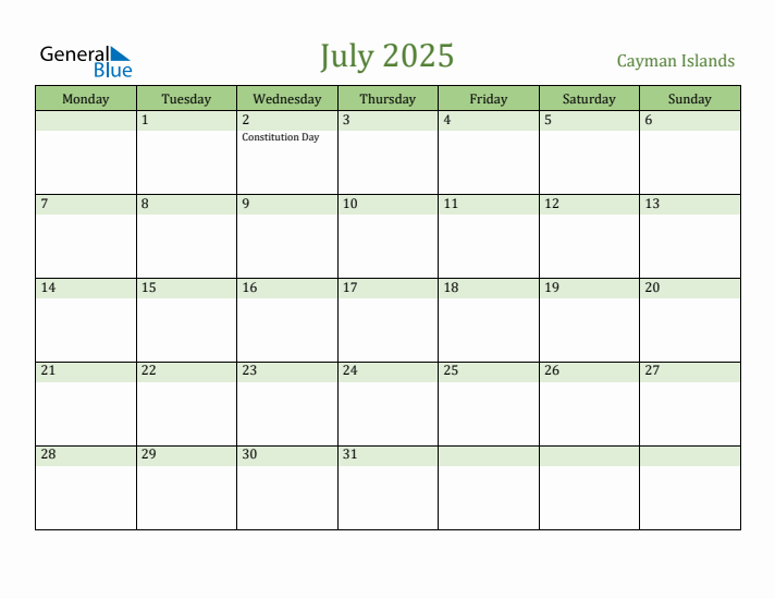 July 2025 Calendar with Cayman Islands Holidays