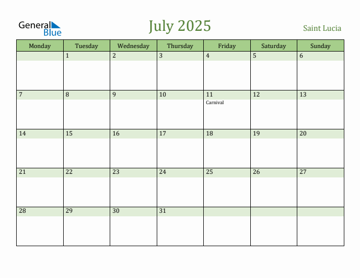 July 2025 Calendar with Saint Lucia Holidays