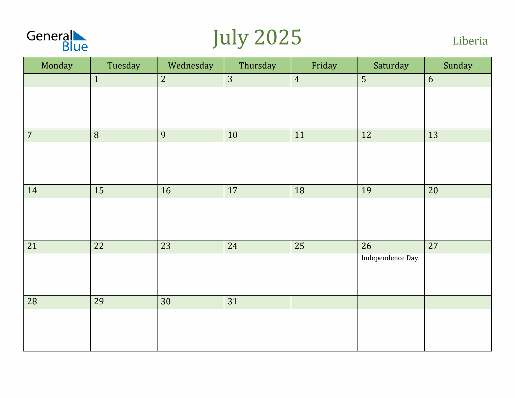 July 2025 Calendar with Liberia Holidays