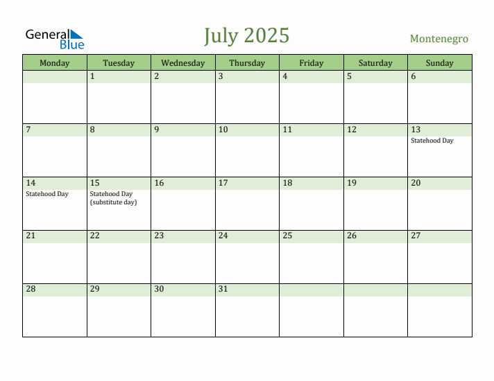 July 2025 Calendar with Montenegro Holidays