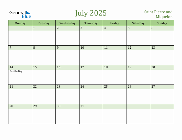 July 2025 Calendar with Saint Pierre and Miquelon Holidays