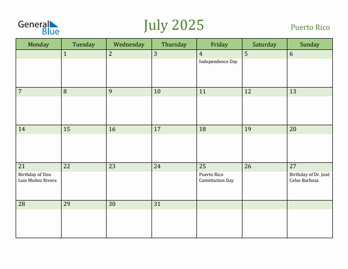 July 2025 Calendar with Puerto Rico Holidays