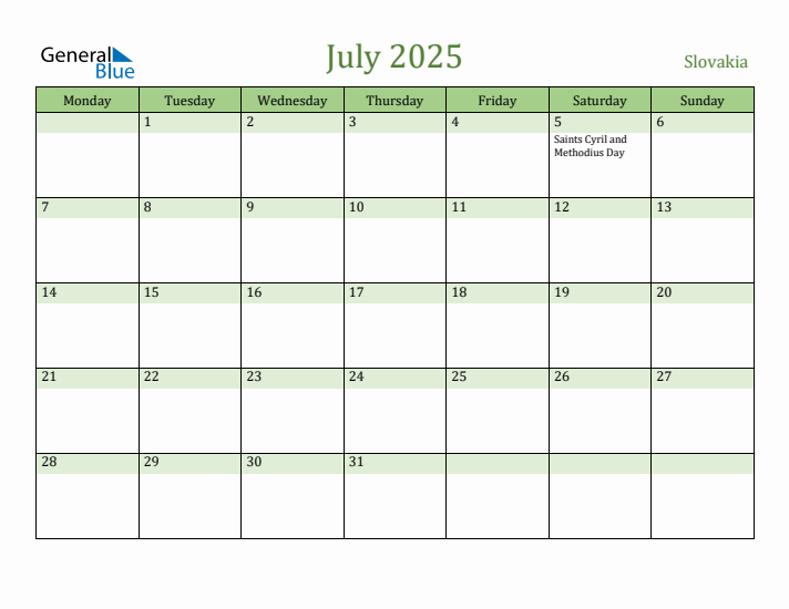 July 2025 Calendar with Slovakia Holidays