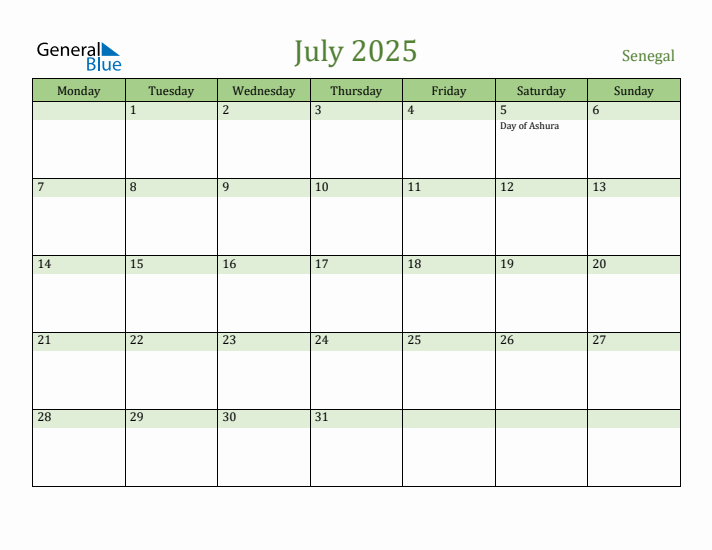 July 2025 Calendar with Senegal Holidays