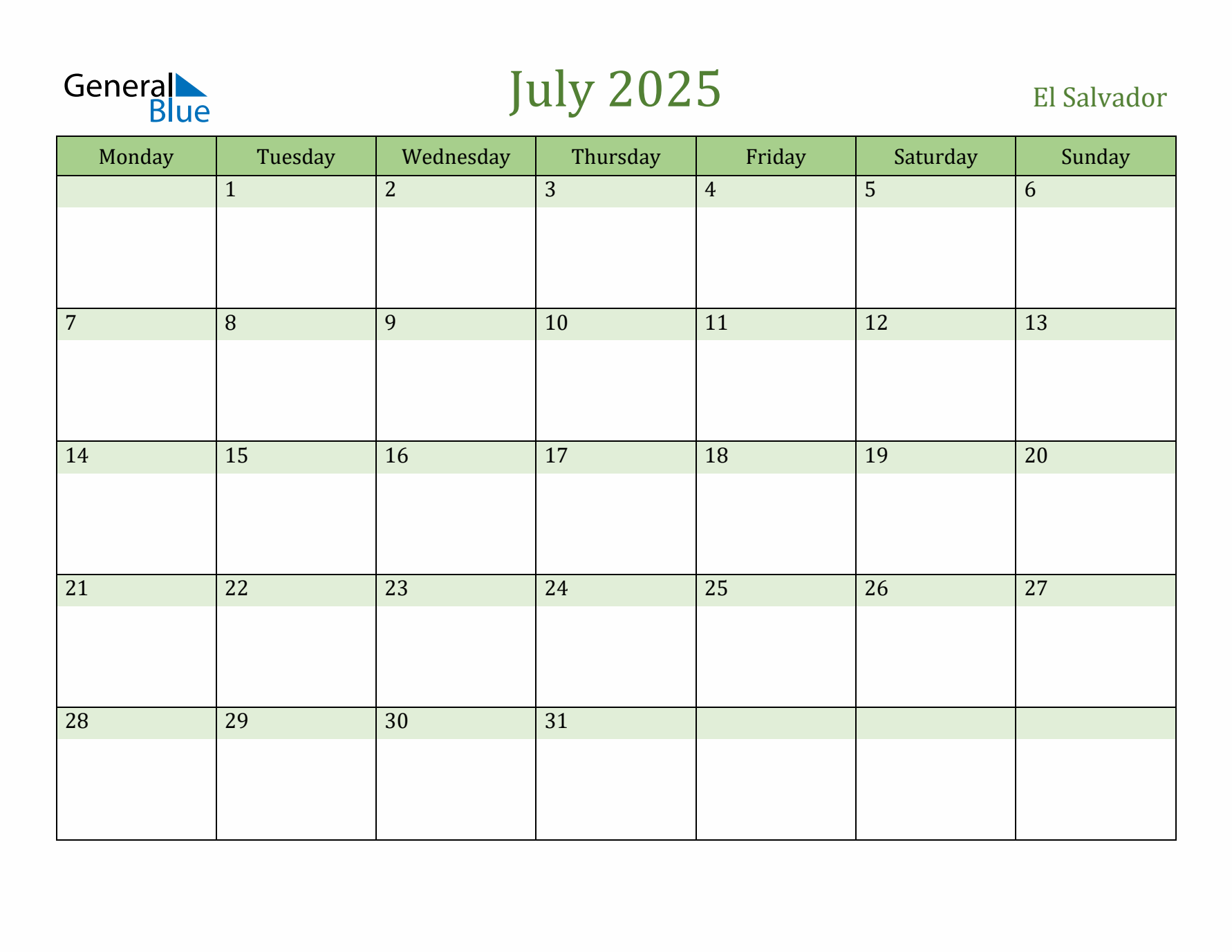 July 2025 Calendar with El Salvador Holidays