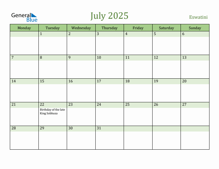 July 2025 Calendar with Eswatini Holidays