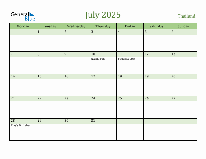 July 2025 Calendar with Thailand Holidays