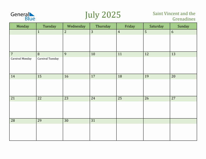 July 2025 Calendar with Saint Vincent and the Grenadines Holidays
