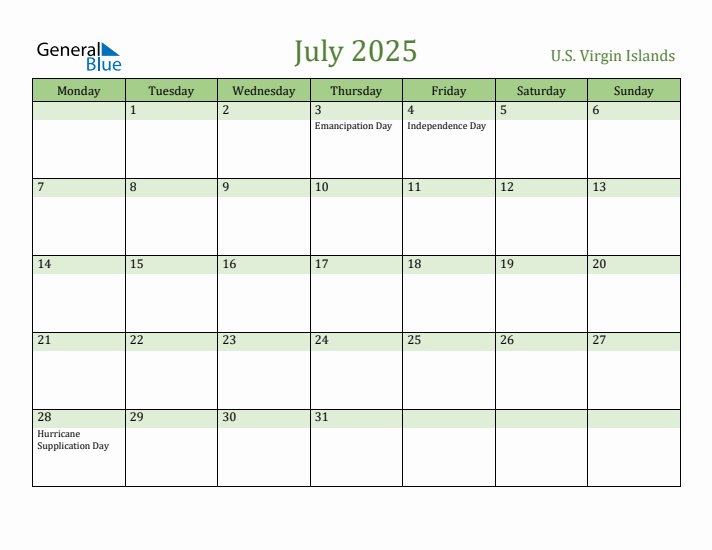 July 2025 Calendar with U.S. Virgin Islands Holidays