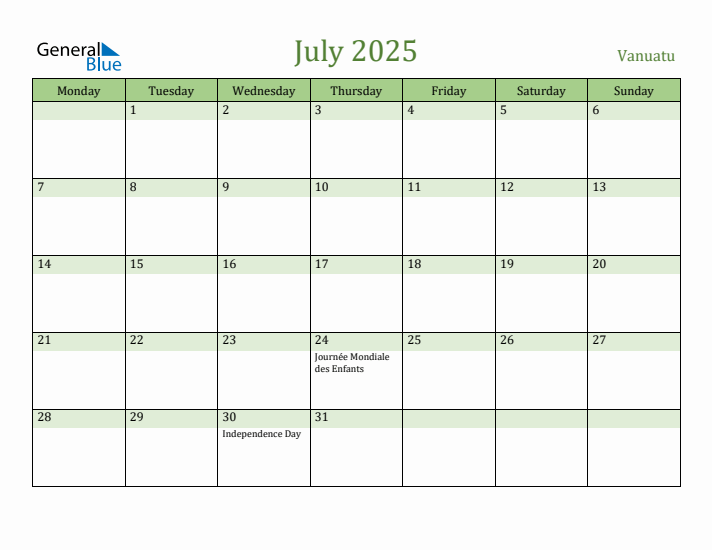 July 2025 Calendar with Vanuatu Holidays