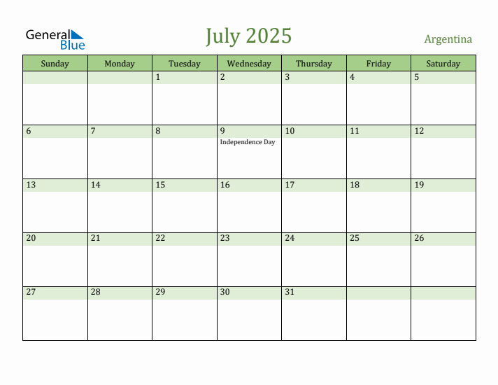July 2025 Calendar with Argentina Holidays