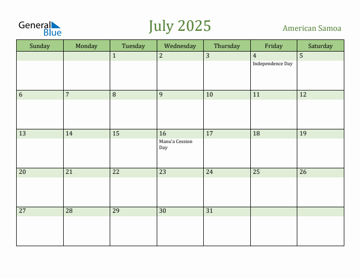 July 2025 Calendar with American Samoa Holidays