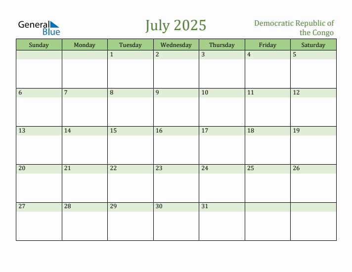 July 2025 Calendar with Democratic Republic of the Congo Holidays