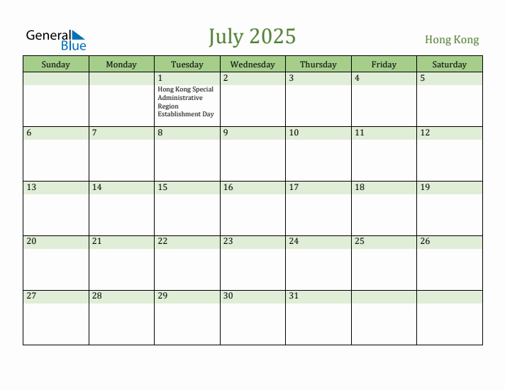 July 2025 Calendar with Hong Kong Holidays