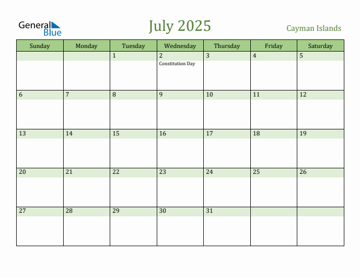 July 2025 Calendar with Cayman Islands Holidays