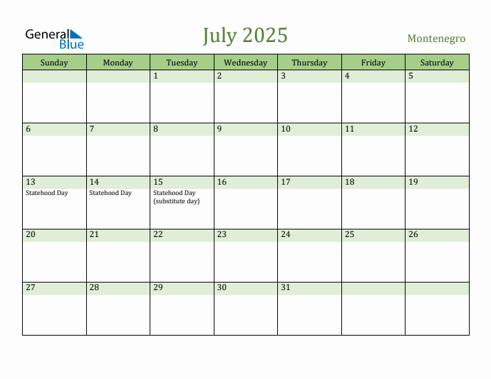 July 2025 Calendar with Montenegro Holidays