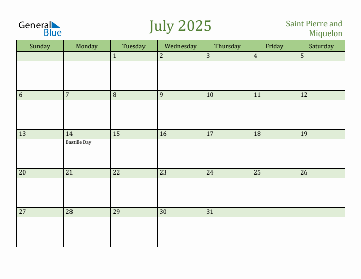 July 2025 Calendar with Saint Pierre and Miquelon Holidays