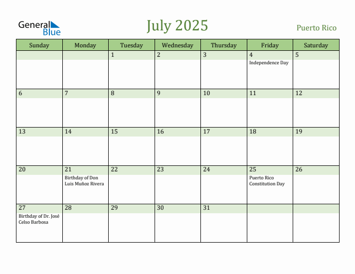 July 2025 Calendar with Puerto Rico Holidays