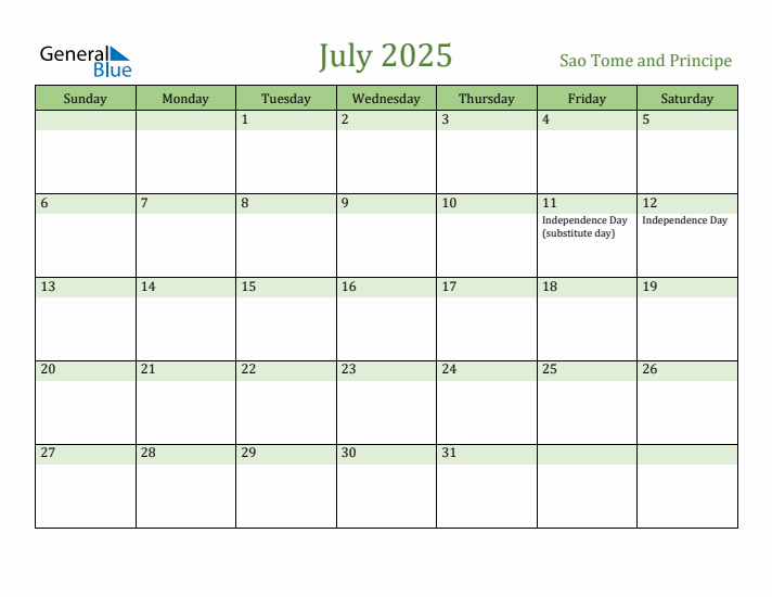 July 2025 Calendar with Sao Tome and Principe Holidays