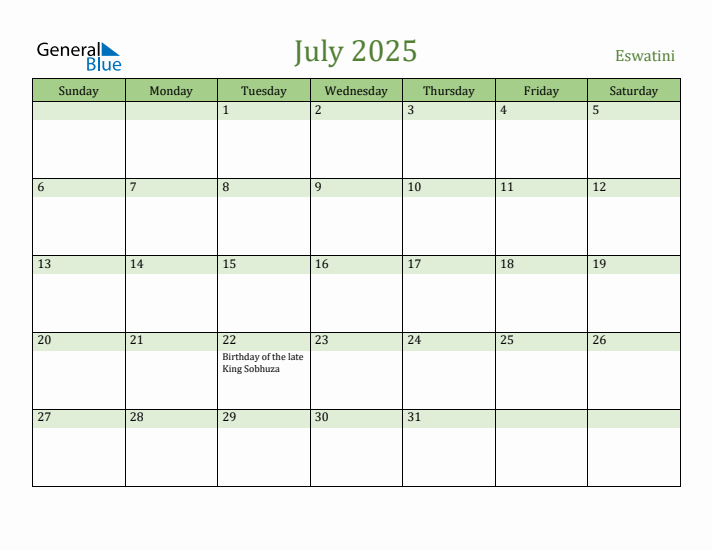 July 2025 Calendar with Eswatini Holidays
