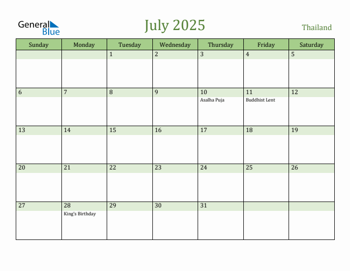 July 2025 Calendar with Thailand Holidays