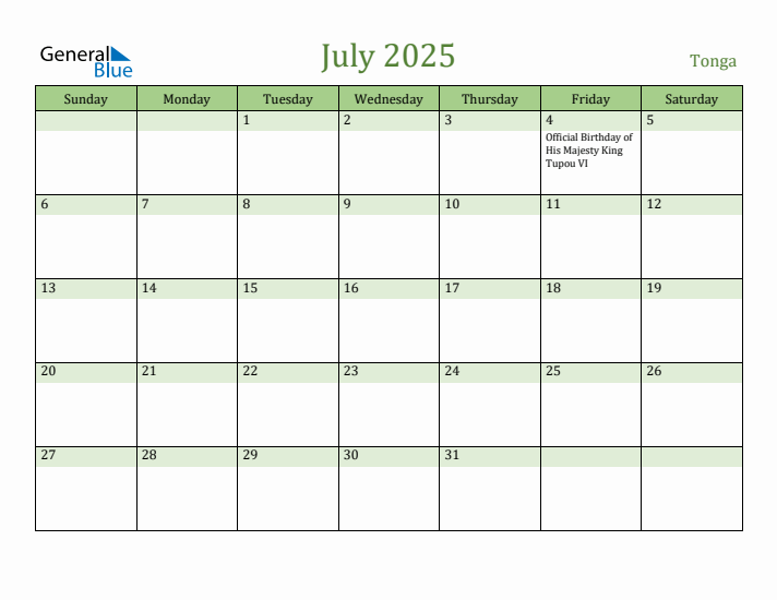 July 2025 Calendar with Tonga Holidays